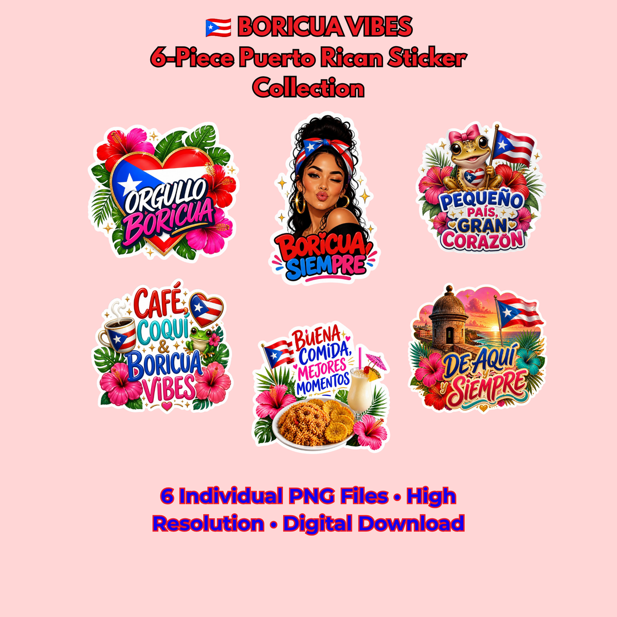 Puerto Rican Sticker PNG Bundle, 6 Boricua Vibes Designs, Puerto Rico Digital Stickers, Hispanic Heritage PNG Download