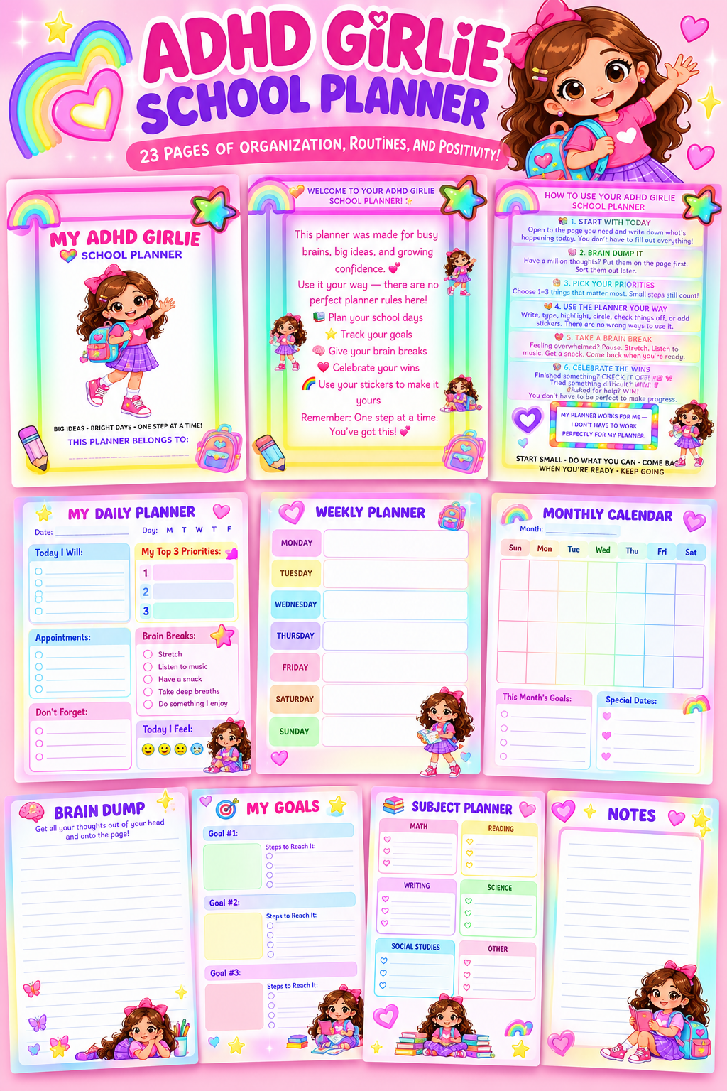 ADHD Girlie School Planner | Printable Student Organization Planner