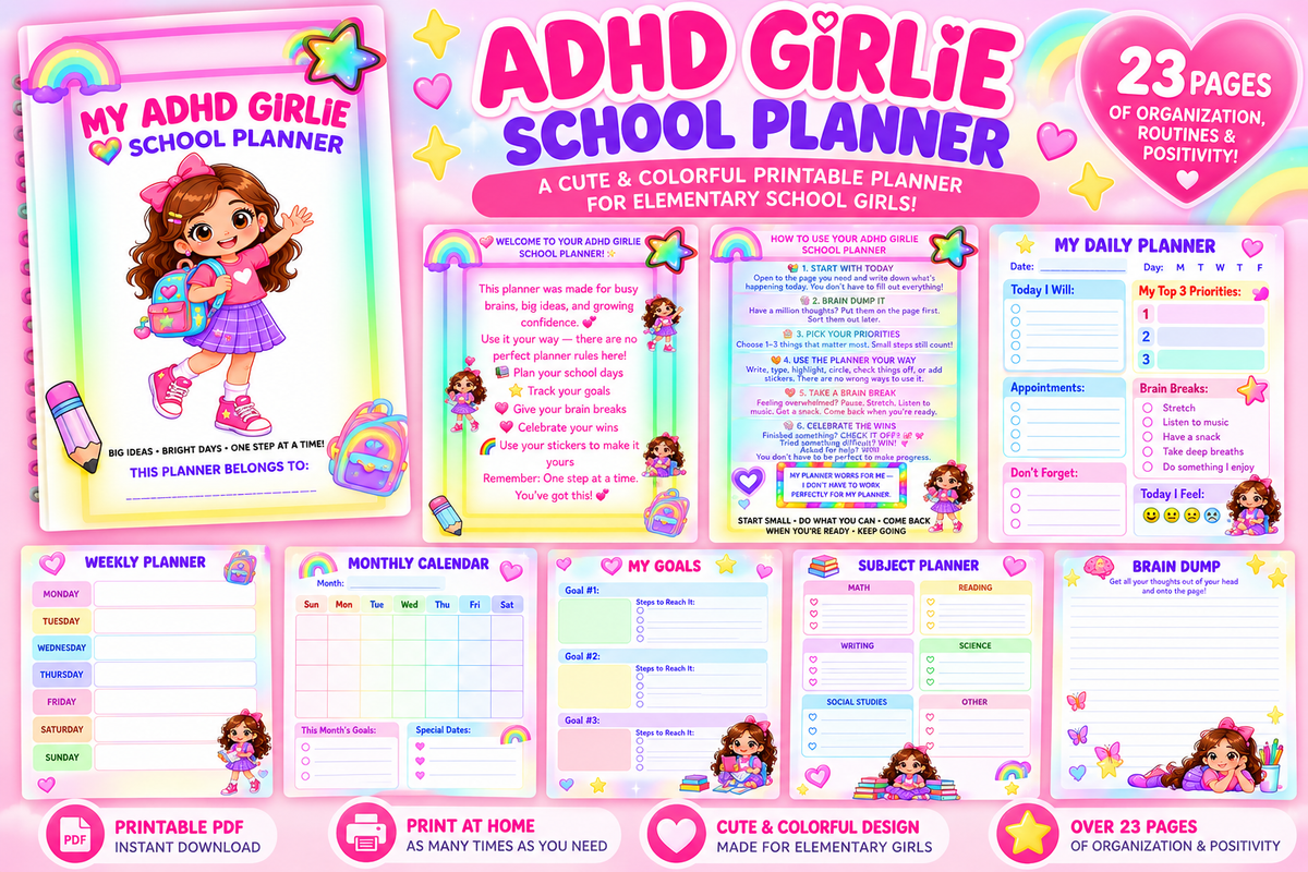 ADHD Girlie School Planner | Printable Student Organization Planner