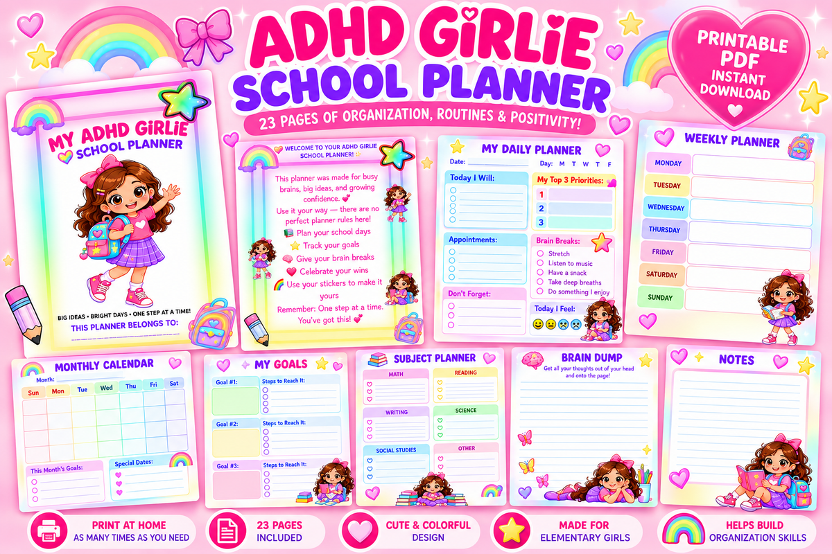 ADHD Girlie School Planner | Printable Student Organization Planner
